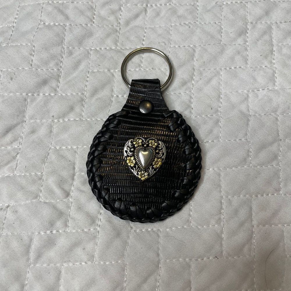 Handmade Custom Black Leather Keychain w/ Silver & Gold Tone Heart Insert - OS